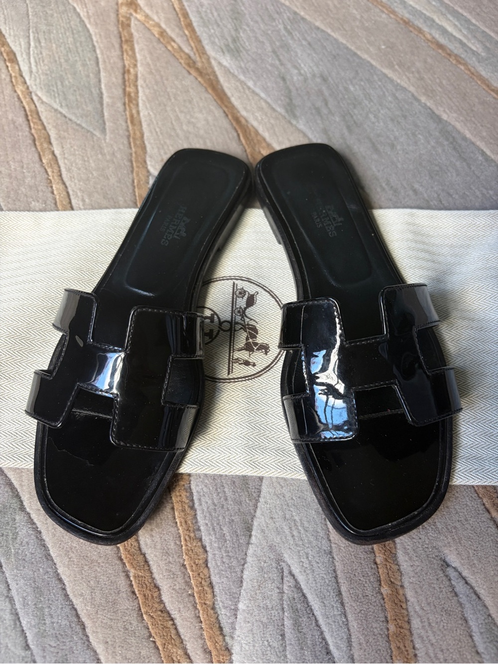 Hermes Black Patent Oran Slide Sandals